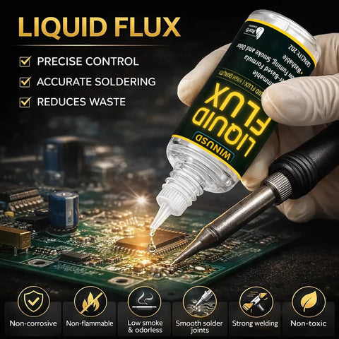 2oz Liquid Solder Flux Dropper Water Based No Clean Lead Free precise soldering on circuit board, gloved hand applying flux