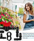 42 Pcs All In One Drip Irrigation Fittings Kit with garden setting, switch valves, tees, elbows, end caps, and plugs.