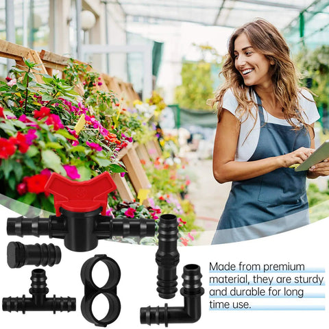 42 Pcs All In One Drip Irrigation Fittings Kit with garden setting, switch valves, tees, elbows, end caps, and plugs.