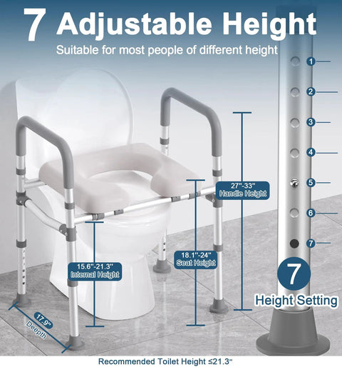 Heavy Duty Aluminum Raised Toilet Seat Riser For Seniors Featuring Dual Crossbar Handles Solid As Rock Four Leg Base Supports Up To 400 Pounds Hassle Free Bathroom Mobility Support Tool