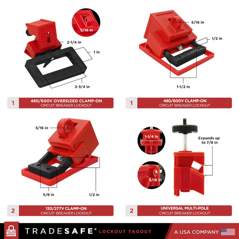 OSHA Compliant Lockout Tagout Kit With 85 LOTO Devices And Durable Toolbox showing red clamp-on circuit breaker lockouts.