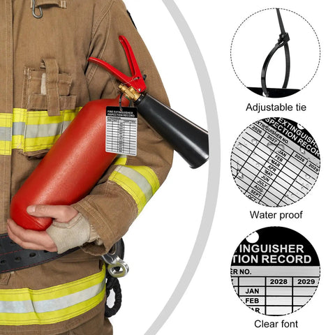 Firefighter with fire extinguisher featuring Metal Fire Extinguisher Inspection Tags 2026 2029 Aluminum Weatherproof 2.3 By 3 Inch 25 Sets