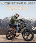Person riding electric bike in mountains, text highlights importance of using Lithium Grease For E Bike Motors And Gears.