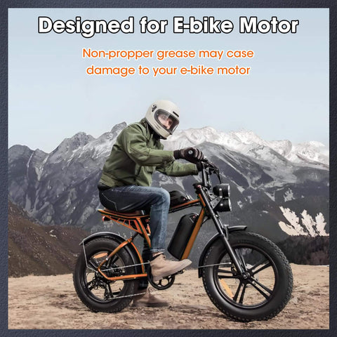 Person riding electric bike in mountains, text highlights importance of using Lithium Grease For E Bike Motors And Gears.