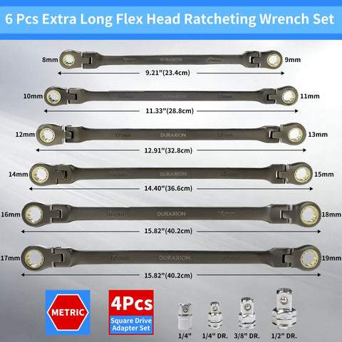 Extra Long Flex Head Ratcheting Wrench Set Six Piece Metric 8-19mm With Double Box End 180 Degree Flex Head CR-V Steel For Tight Engine Bays Includes 4 Socket Adapters And Pouch For Easy Carry And Crazy Leverage.
