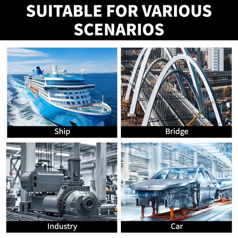 Collage image showing applications for Ultra Fine Graphite Powder Lubricant: ship, bridge, industrial machine, car assembly.