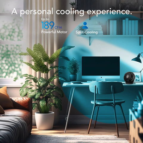 Sphere Personal Adjustable Desk Fan With Quiet Operation and Targeted Cooling Airflow on a desk in a modern office setting.