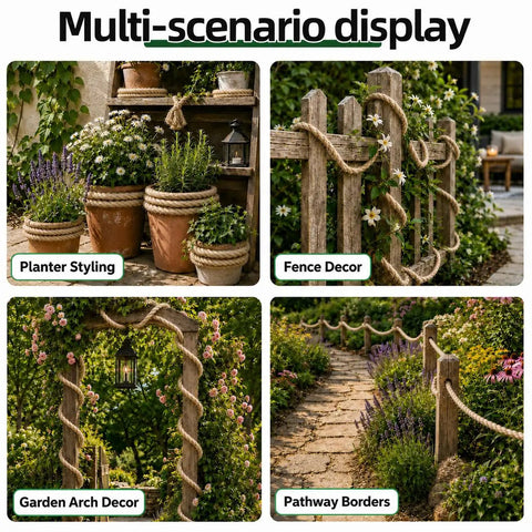 Beefy 3/4 Inch Manila Jute Rope 50 Ft Natural All Weather Heavy Duty Rope used in garden decor and railings display