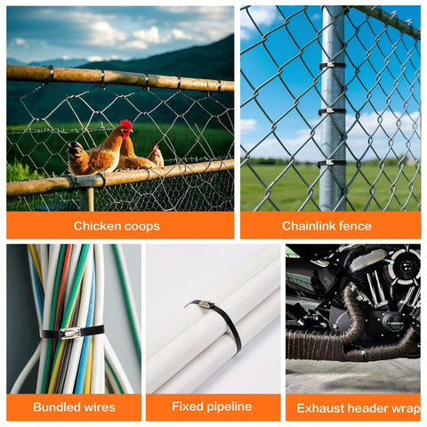Collage showing uses of the Beefed Up Heavy Duty Stainless Steel Cable Tie Gun Kit With 300 UV Resistant Black Zip Ties