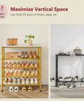Real Deal Five Tier Shoe Rack Organizer For Up To Twenty Pairs Of Shoes featuring white and gold mesh with top deck for plants.