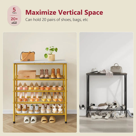 Real Deal Five Tier Shoe Rack Organizer For Up To Twenty Pairs Of Shoes featuring white and gold mesh with top deck for plants.