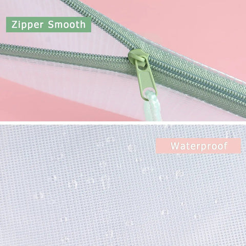 Close-up of Six Pack Mesh Zipper Pouches Waterproof and Durable Organizer Bags with smooth zipper and waterproof texture.