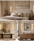 Brushed Brass And Natural Alabaster Wall Sconces Set Of Two casts a super chill ambient glow in bedroom and bathroom settings.
