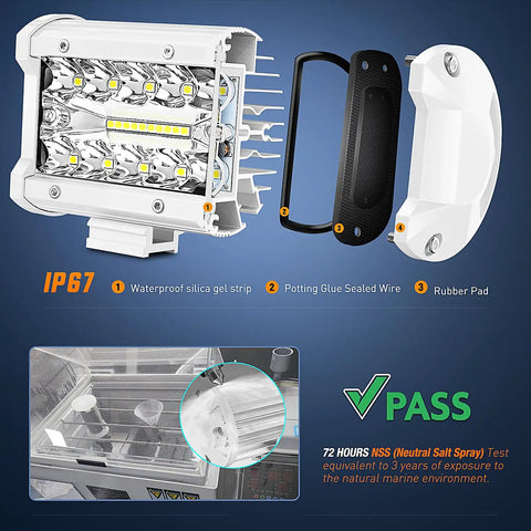 Marine LED Light Pods Four Inch White Spot Flood Combo Two Pack For Pontoon Boats with IP67 aluminum housing and accessories