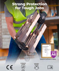 Worker lifting metal pieces wearing Tough As Nails A6 Cut Resistant Work Gloves for construction with ANSI certification.