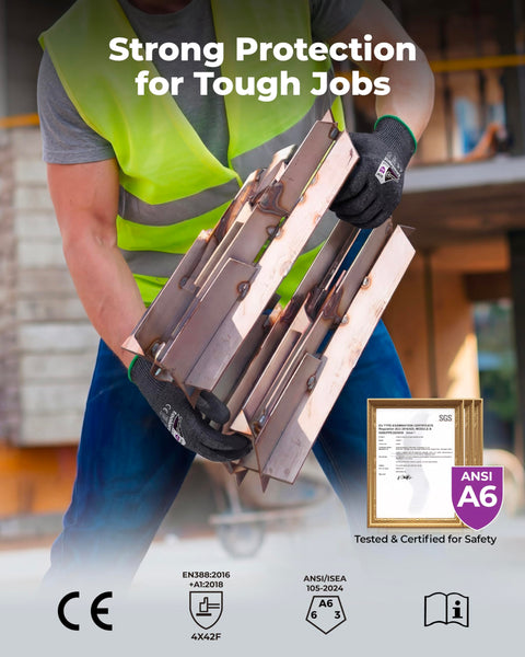 Worker lifting metal pieces wearing Tough As Nails A6 Cut Resistant Work Gloves for construction with ANSI certification.