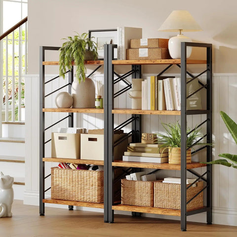 Four Tier Slim Bookshelf For Narrow Spaces Rustic Brown Faux Wood Wall Storage Rack Built For Tight Spots And Tiny Apartments Compact Floor Shelf Organizer Unit
