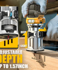 Person using Cordless Compact Router With 800W Brushless Motor, 30,000 RPM, 6 Variable Speeds on wood with adjustable depth