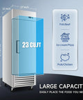 Heavy Duty Commercial Upright Freezer With 23 Cubic Feet Storage Auto Defrost Digital Thermostat showing dimensions and food types.