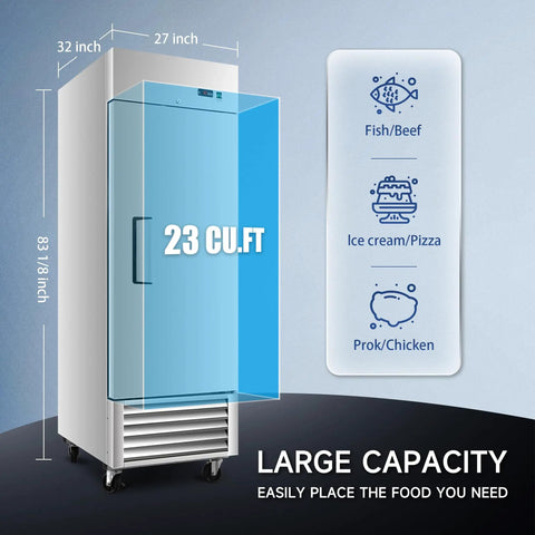 Heavy Duty Commercial Upright Freezer With 23 Cubic Feet Storage Auto Defrost Digital Thermostat showing dimensions and food types.