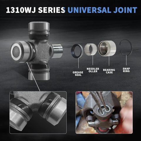 5-760X U Joint Kit 1310WJ Series Universal Joint Non Greaseable Inside Snap Ring 1.188 In Diameter By 2.188 In Length Between Snap Rings For Axles And Driveshafts In Trucks Jeeps And Off Road Vehicles. 1310WJ universal joint exploded view with snap ring parts