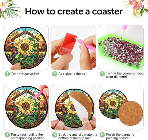 Fall Diamond Art Coaster Kit For Adults Eight Piece Set With Holder Cork Bases And Diamond Pens DIY Diamond Painting Coasters Featuring Sunflower Floral Truck Designs 4x4 Inches Beginner Friendly Super Easy Starter Set