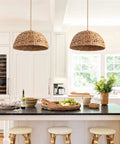 Farmhouse Rattan Pendant Light Hand Woven Seagrass Dome Chandelier in kitchen with neutral colors and natural materials