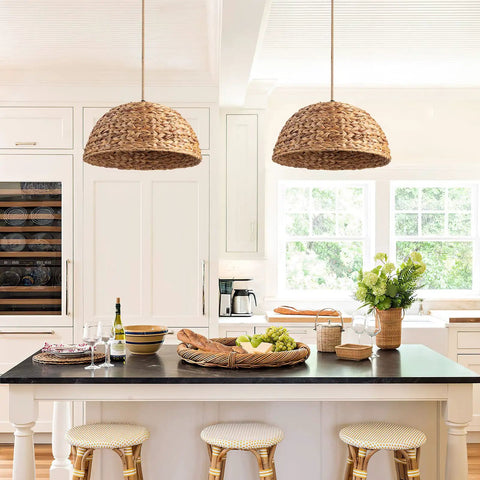 Farmhouse Rattan Pendant Light Hand Woven Seagrass Dome Chandelier in kitchen with neutral colors and natural materials