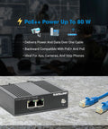 Heavy Duty Industrial PoE Plus Extender Delivers 80 Watts On Din Rail Mount with Ethernet cables on a concrete surface.
