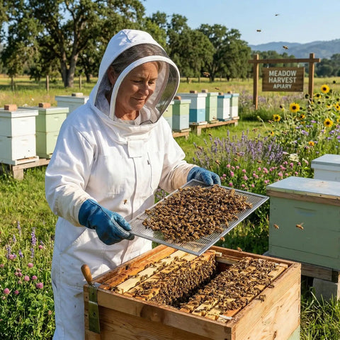 Beekeeper using Durable Metal Queen Excluder for 8 Frame Beehives 2 Pack Beekeeping Equipment in apiary