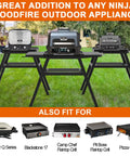 Adjustable Outdoor Grill Stand Built Tough for Woodfire OG700 OG800 OG900 OO101 Pizza Oven, All Weather Grill Cart for MO201 Artisan Pizza Oven, Replacement XSKUNSTAND Outdoor Stand in a backyard setting with multiple appliances.