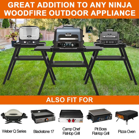 Adjustable Outdoor Grill Stand Built Tough for Woodfire OG700 OG800 OG900 OO101 Pizza Oven, All Weather Grill Cart for MO201 Artisan Pizza Oven, Replacement XSKUNSTAND Outdoor Stand in a backyard setting with multiple appliances.