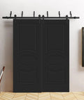 Sliding Barn Closet Doors 84 By 96 Inches In Black Painted Finish With 8 Ft Rails Hardware Set in a modern bedroom scene