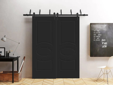 Sliding Barn Closet Doors 84 By 96 Inches In Black Painted Finish With 8 Ft Rails Hardware Set in a modern bedroom scene