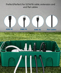Outdoor Weatherproof Electrical Box With Waterproof Cord Protector with cords connected, showing AWG 12/14/16 compatibility.