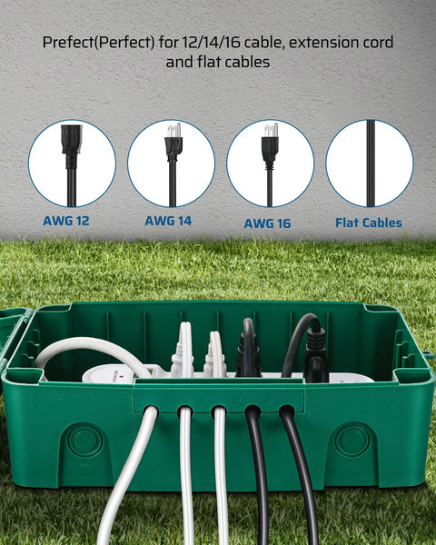 Outdoor Weatherproof Electrical Box With Waterproof Cord Protector with cords connected, showing AWG 12/14/16 compatibility.