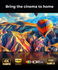 Scenic landscape with hot air balloon displayed on Outdoor 4K Projector With Built In Google TV And Voice Control For Backyard Cinema