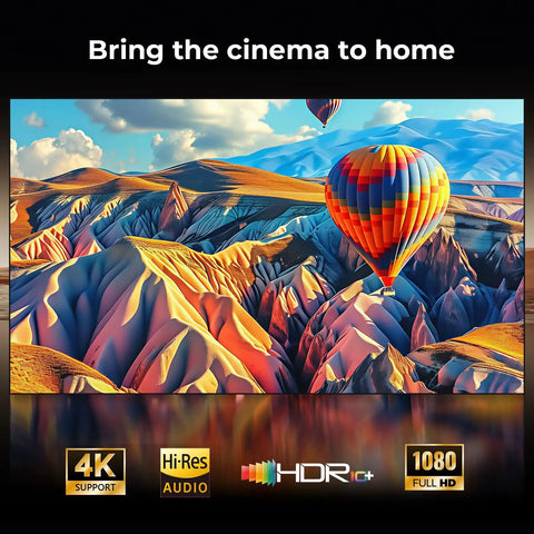 Scenic landscape with hot air balloon displayed on Outdoor 4K Projector With Built In Google TV And Voice Control For Backyard Cinema