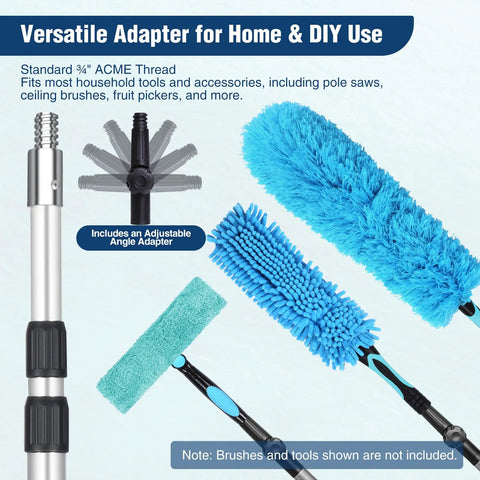 12Ft Telescopic Extension Pole With 3 To 8 Ft Adjustable Reach For Painting And Cleaning showing angle adapter and attachments