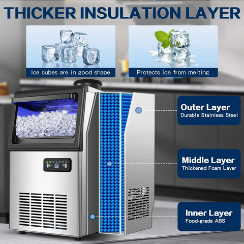 Commercial Ice Maker Delivers 110 Lbs Per Day With Quiet Operation For Home Bar Restaurant Or Coffee Shop Undercounter Or Freestanding Design With 22 Lb Storage And Stainless Steel Self Cleaning image showing thick insulation layers and ice production