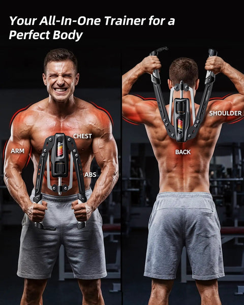 EAST Mount Twister Arm Exerciser Get Ripped With Adjustable Hydraulic Resistance Up To Four Hundred Forty Pounds Perfect For Home Workouts Build Chest Shoulders And Arms Fast Smooth Joint Friendly Training Gear Grey in use, highlighting chest and arm engagement.