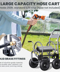 Heavy Duty Garden Hose Reel Cart With Wheels For Outdoor Use 250 Feet Of Five Eighth Inch Hose Capacity Weather Resistant With Brass Fittings Pre Installed Hose Guide Built To Last And Easy Roll; garden use with hose detail.