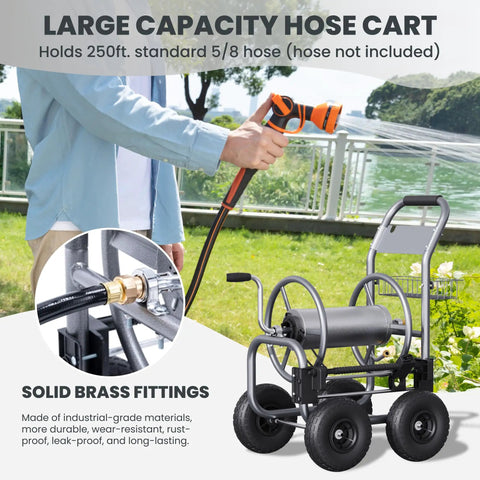 Heavy Duty Garden Hose Reel Cart With Wheels For Outdoor Use 250 Feet Of Five Eighth Inch Hose Capacity Weather Resistant With Brass Fittings Pre Installed Hose Guide Built To Last And Easy Roll; garden use with hose detail.