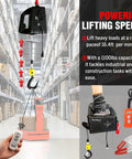 Super Durable 1100 Lb Electric Hoist Winch In 3 1 Design With 25 Ft Lifting Height And Overload Protection in warehouse setting.