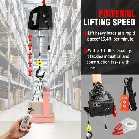 Super Durable 1100 Lb Electric Hoist Winch In 3 1 Design With 25 Ft Lifting Height And Overload Protection in warehouse setting.