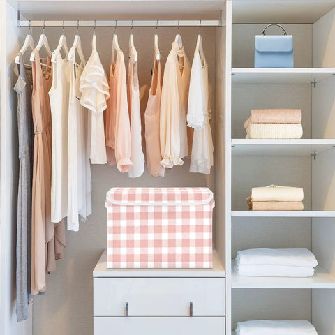 Super Roomy Storage Bins With Lids Generous Folding Closet Organizer Built From Tough Oxford Material Keep Your Everyday Gear Packed Snug For A Clutter Free Home Setup in a closet with hanging clothes.