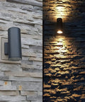 Dusk To Dawn Sensor Outdoor Wall Light With Up And Down Lighting, ETL Listed Die Cast Aluminum Waterproof Sconce on stone wall
