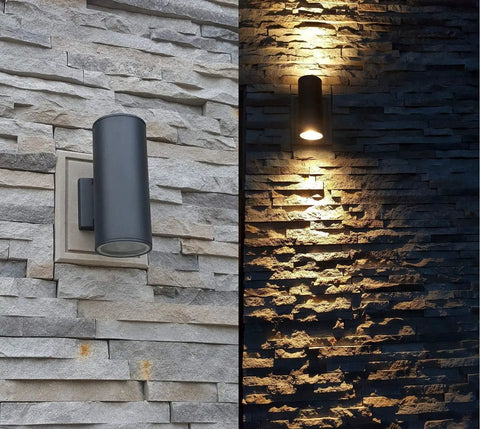 Dusk To Dawn Sensor Outdoor Wall Light With Up And Down Lighting, ETL Listed Die Cast Aluminum Waterproof Sconce on stone wall