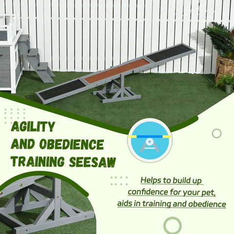 Wooden Dog Agility Seesaw For Training And Exercise, Outdoor Ready Platform Run Toy with high traction, 71x12x12 inches, gray.