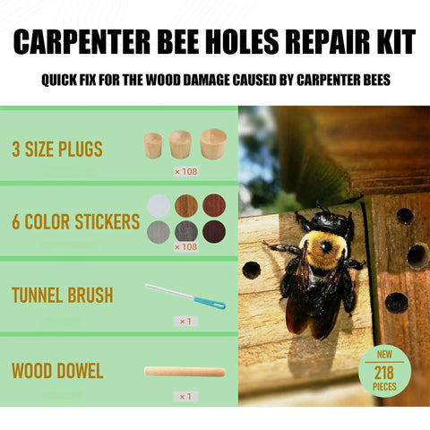 Three In One Carpenter Bee Holes Repair Kit with plugs, stickers, brush, dowel, carpenter bee on wood in background.